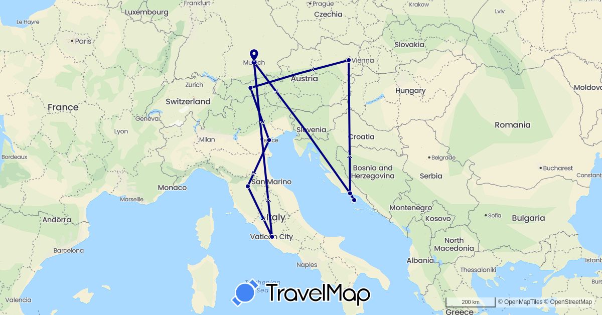 TravelMap itinerary: driving in Austria, Germany, Croatia, Italy (Europe)